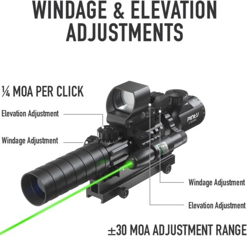 Pinty Combo de visor de rifle 4 en 1, visor de telémetro 3-9x32, mira de punto rojo y verde, láser y elevador de 14 ranuras - Imagen 2