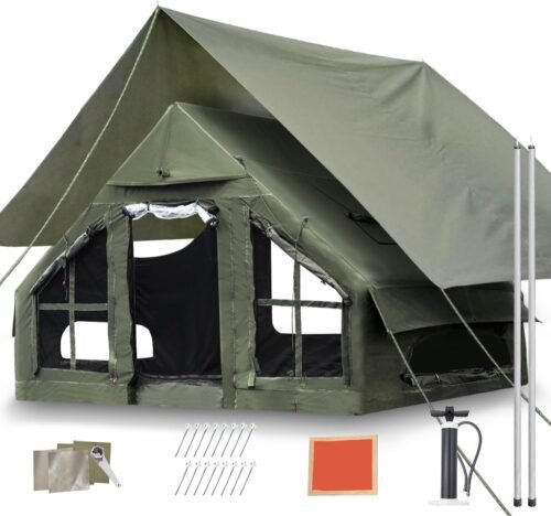 Tienda de campaña inflable, tiendas de campaña familiares de lujo para 4 estaciones con bomba, toldo impermeable, ventanas y puertas de malla, cortinas transparentes y tragaluz, para viajes y aventuras