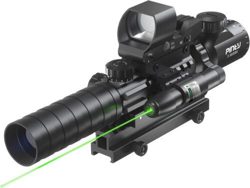 Pinty Combo de visor de rifle 4 en 1, visor de telémetro 3-9x32, mira de punto rojo y verde, láser y elevador de 14 ranuras