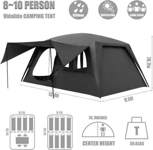 Vidalido Tienda de campaña para 8-10 personas con 3 puertas, 2 habitaciones, tiendas de campaña familiares grandes, tienda de campaña portátil impermeable de doble capa, tiendas grandes para picnic al aire libre, camping, senderismo y reunión familiar - Imagen 7