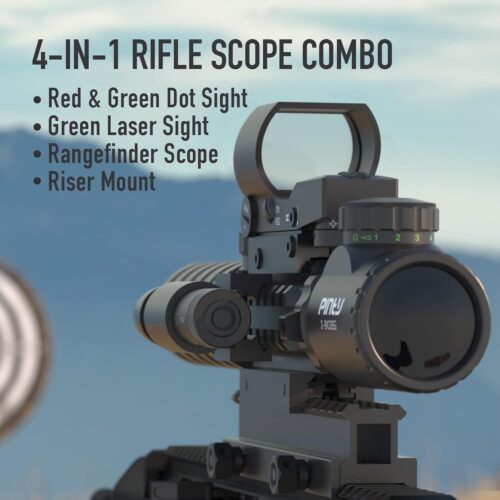 Pinty Combo de visor de rifle 4 en 1, visor de telémetro 3-9x32, mira de punto rojo y verde, láser y elevador de 14 ranuras - Imagen 7