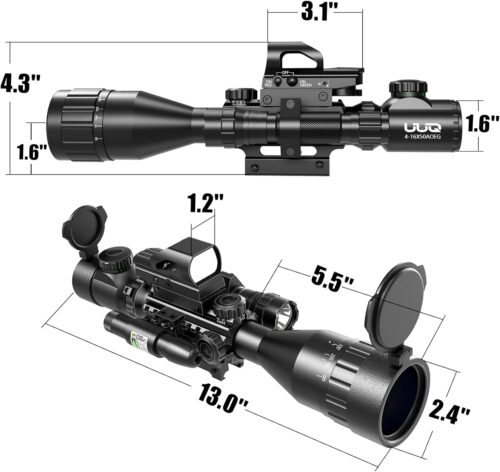 Mira para rifle AO 4-12 y 16X50 Retícula de telémetro iluminada en rojo/verde con láser verde - Mira de punto rojo con reflejo holográfico - Linterna con 5 modos de brillo - Imagen 6