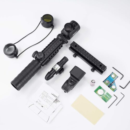 Pinty Combo de visor de rifle 4 en 1, visor de telémetro 3-9x32, mira de punto rojo y verde, láser y elevador de 14 ranuras - Imagen 6