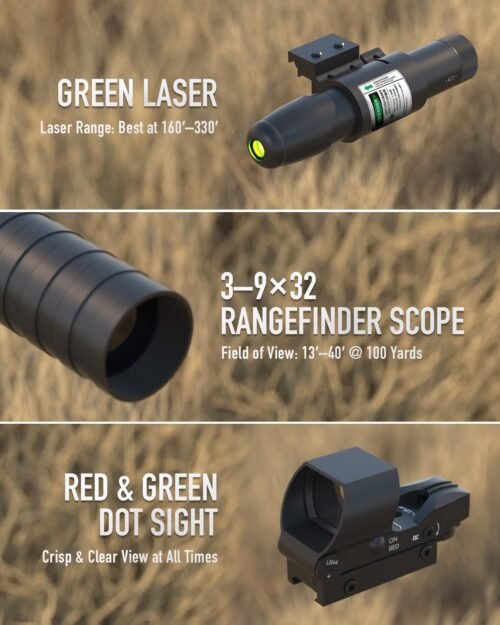 Pinty Combo de visor de rifle 4 en 1, visor de telémetro 3-9x32, mira de punto rojo y verde, láser y elevador de 14 ranuras - Imagen 3