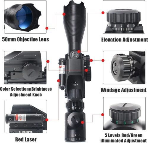 Mira para Rifle táctica 4-16x50, retícula de telémetro iluminada en rojo/verde con mira láser y mira de punto reflejo holográfico - Imagen 4