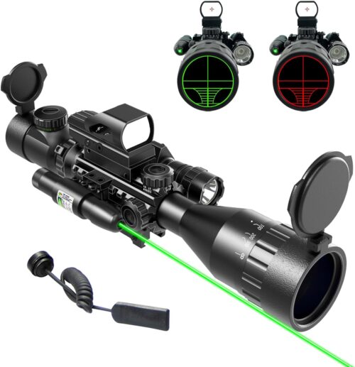 Mira para rifle AO 4-12 y 16X50 Retícula de telémetro iluminada en rojo/verde con láser verde - Mira de punto rojo con reflejo holográfico - Linterna con 5 modos de brillo