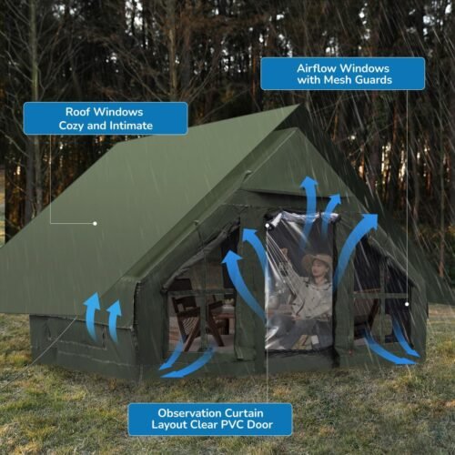 Tienda de campaña inflable, tiendas de campaña familiares de lujo para 4 estaciones con bomba, toldo impermeable, ventanas y puertas de malla, cortinas transparentes y tragaluz, para viajes y aventuras - Imagen 4