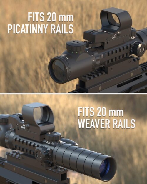 Pinty Combo de visor de rifle 4 en 1, visor de telémetro 3-9x32, mira de punto rojo y verde, láser y elevador de 14 ranuras - Imagen 4