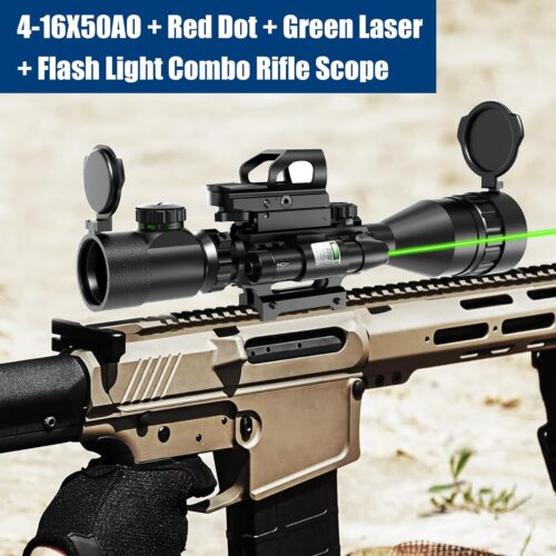 Mira para rifle AO 4-12 y 16X50 Retícula de telémetro iluminada en rojo/verde con láser verde - Mira de punto rojo con reflejo holográfico - Linterna con 5 modos de brillo - Imagen 2
