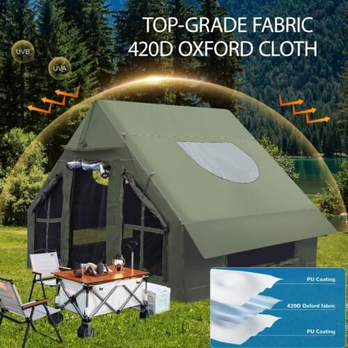 Tienda de campaña inflable, tiendas de campaña familiares de lujo para 4 estaciones con bomba, toldo impermeable, ventanas y puertas de malla, cortinas transparentes y tragaluz, para viajes y aventuras - Imagen 3