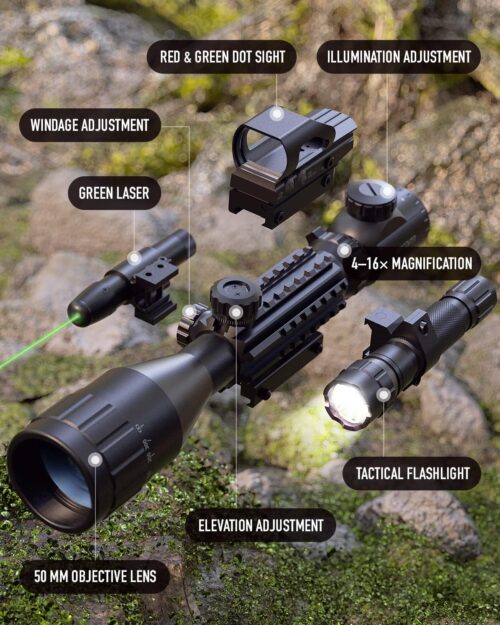 Combo de mira telescópica AO 4-16x50 con láser verde, mira réflex y linterna con 5 modos de brillo - Imagen 5