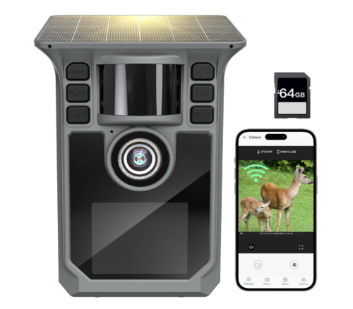 Cámara de rastro 4K 64MP WiFi Solar Game Camera, 5000mAh Forever Power, tarjeta de memoria de 64 GB e Ip67 impermeable visión nocturna Trail Cam...