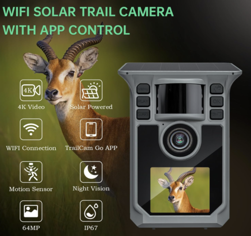 Cámara de rastro 4K 64MP WiFi Solar Game Camera, 5000mAh Forever Power, tarjeta de memoria de 64 GB e Ip67 impermeable visión nocturna Trail Cam... - Imagen 3