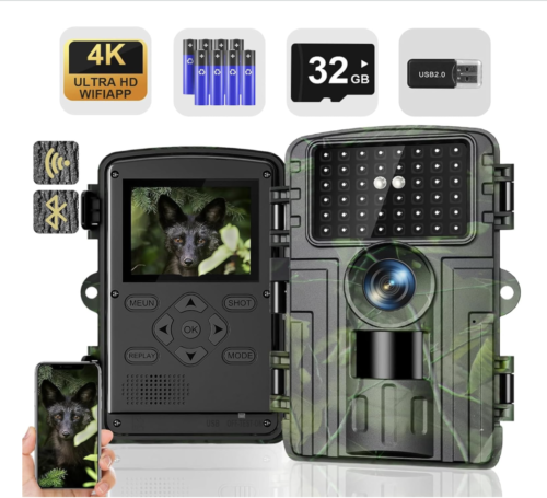 Cámara de sendero, 4K 60MP WiFi Bluetooth cámaras de juego con visión nocturna sin brillo, activación de movimiento de gatillo de 0.1s, cámara de caza