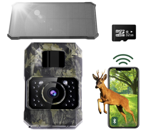 Cámara solar de rastro 48MP 30FPS, cámara de juego WiFi Bluetooth con disparador de 0.2 s activado por movimiento, visión nocturna activada