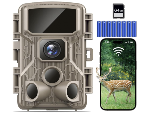 Cámara de rastreo WiFi 4K 64MP con tarjeta de memoria de 64 GB, 8 baterías y visión nocturna, IP67, impermeable, 130°, gran angular, velocidad