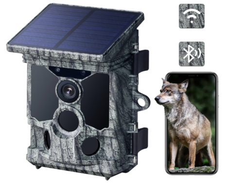 Cámara de rastreo solar mejorada 2025 – Cámara de rastreo WiFi de 100 MP 4K 30FPS con visión nocturna de 850 nm, cámara de juego activada