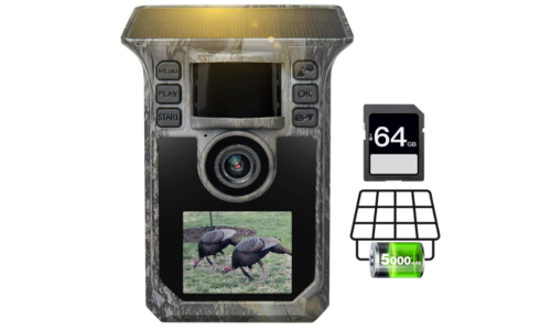 Cámara solar de rastro 4K 64MP cámara de juego, 5000mAh, tarjeta de memoria de 64 GB e impermeable IP67 visión nocturna gran angular de 130 ° para detección de vida silvestre