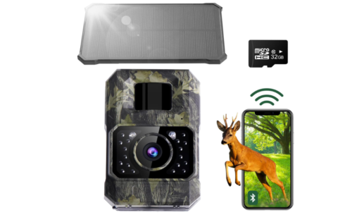 Cámara solar de rastro 48MP 30FPS, cámara de juego WiFi Bluetooth con disparador de 0.2 s activado por movimiento, visión nocturna activada por movimiento
