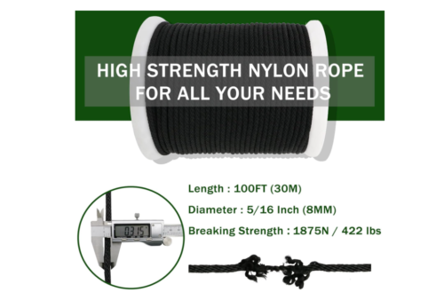 Cuerda de nailon de 100 pies x 5/16 pulgadas (0.315 in), cable de nailon duradero para exteriores, campamento, senderismo - Imagen 2