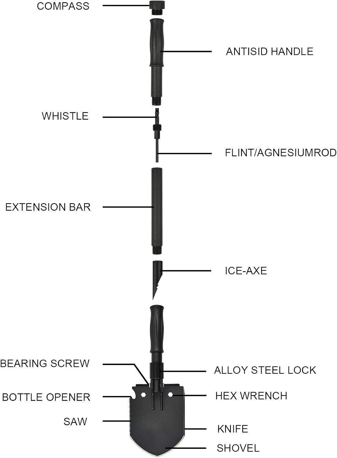 Pala de supervivencia, (28.3 pulgadas), pala plegable para c - Imagen 6