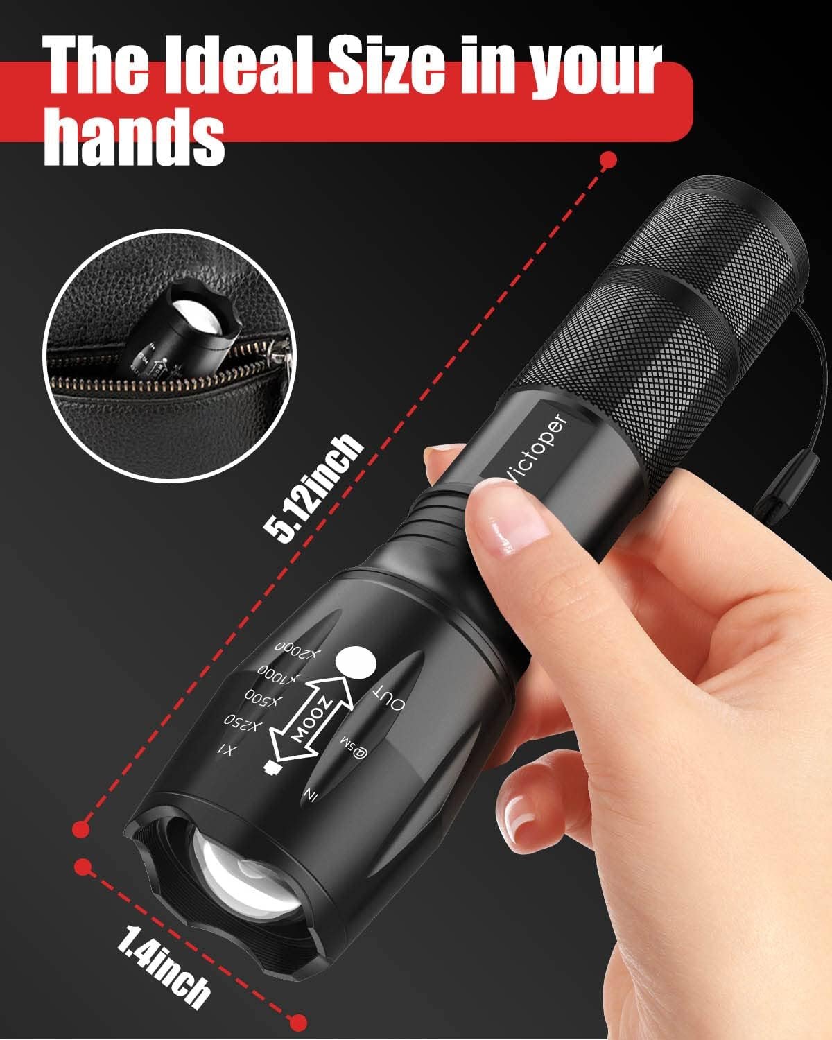 Victoper Paquete de 2 linternas LED, linterna táctica brilla - Imagen 3