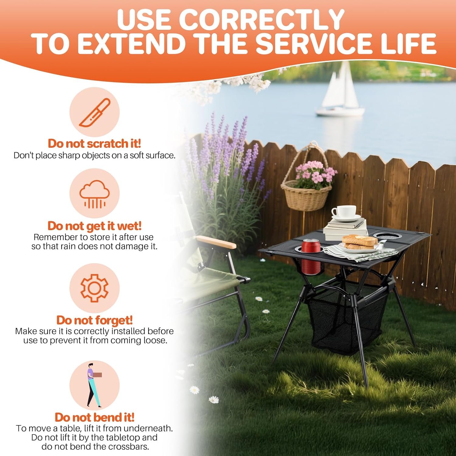 FUNYKICH Mesa de campamento con portavasos y red de almacena - Imagen 7