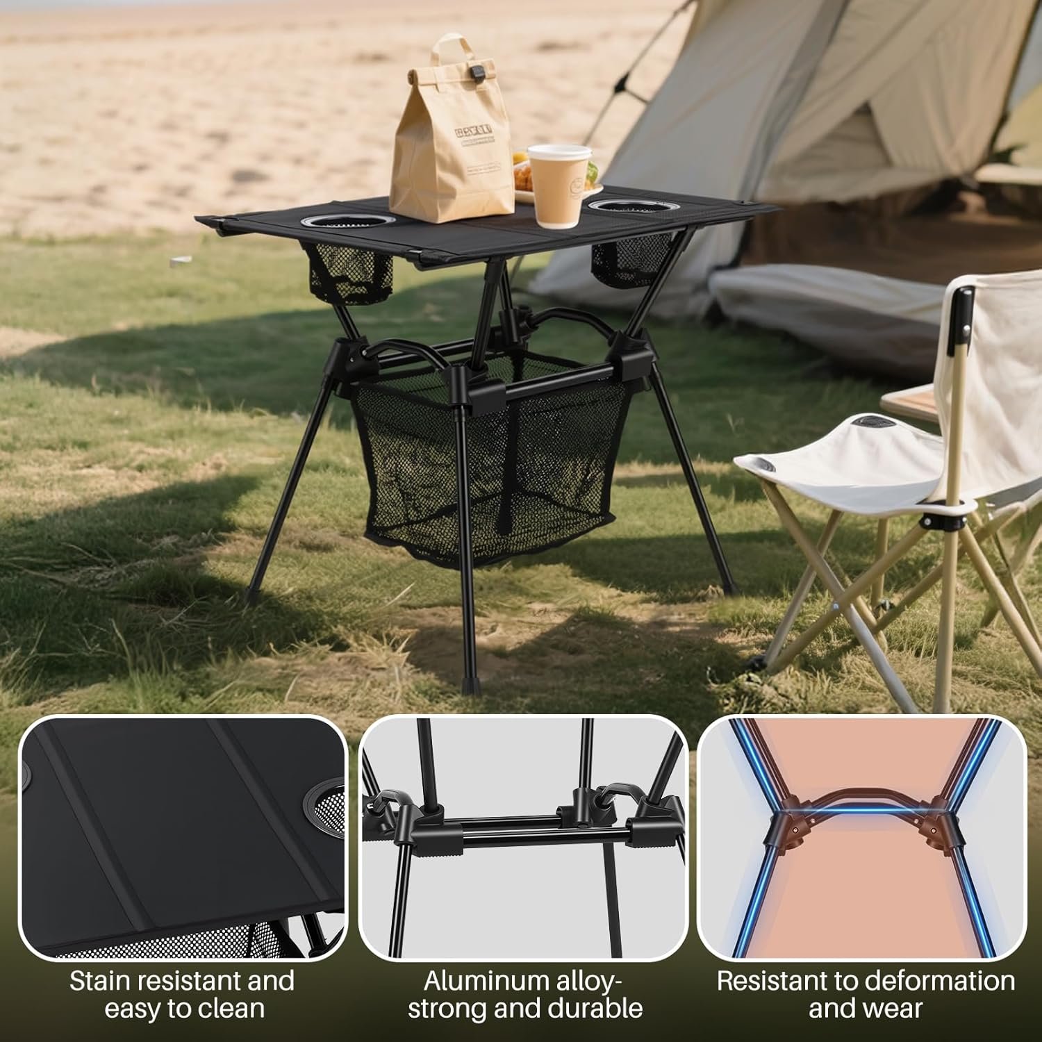 FUNYKICH Mesa de campamento con portavasos y red de almacena - Imagen 3
