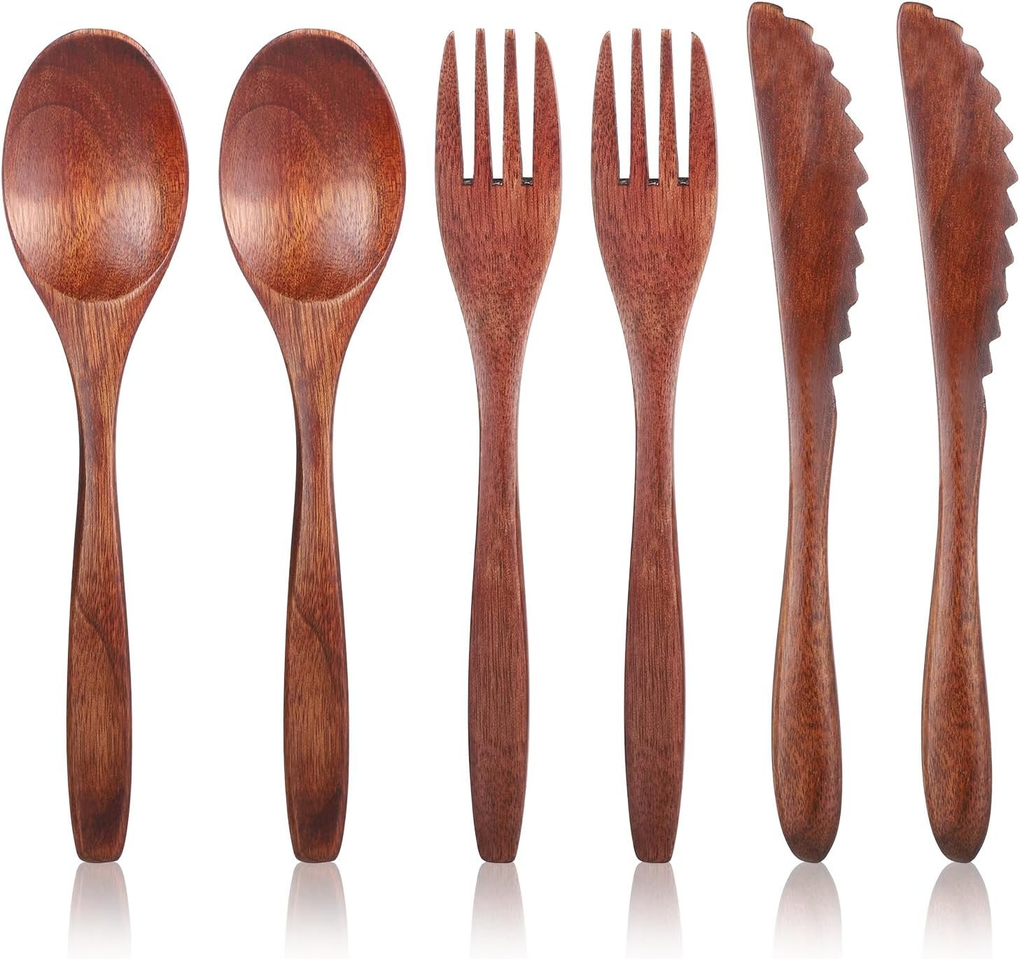 Juego de 6 utensilios de madera para comer, cuchara de mader