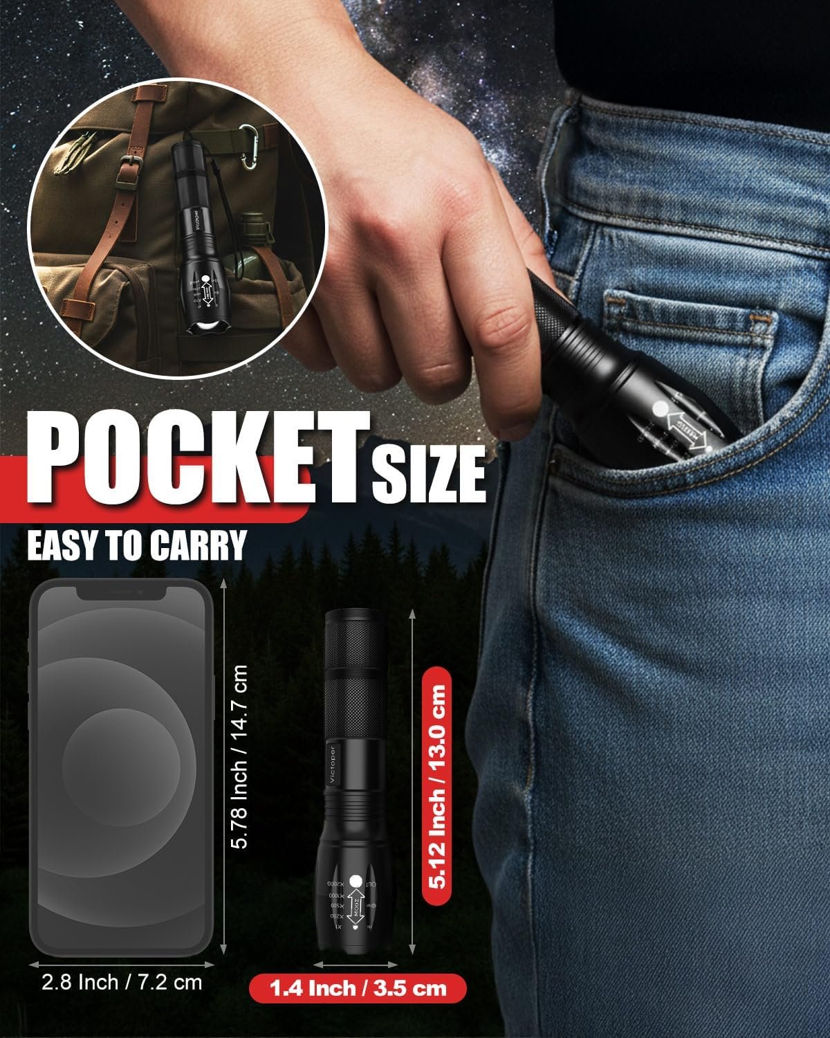 Victoper Paquete de 2 linternas LED, linterna táctica brilla - Imagen 7