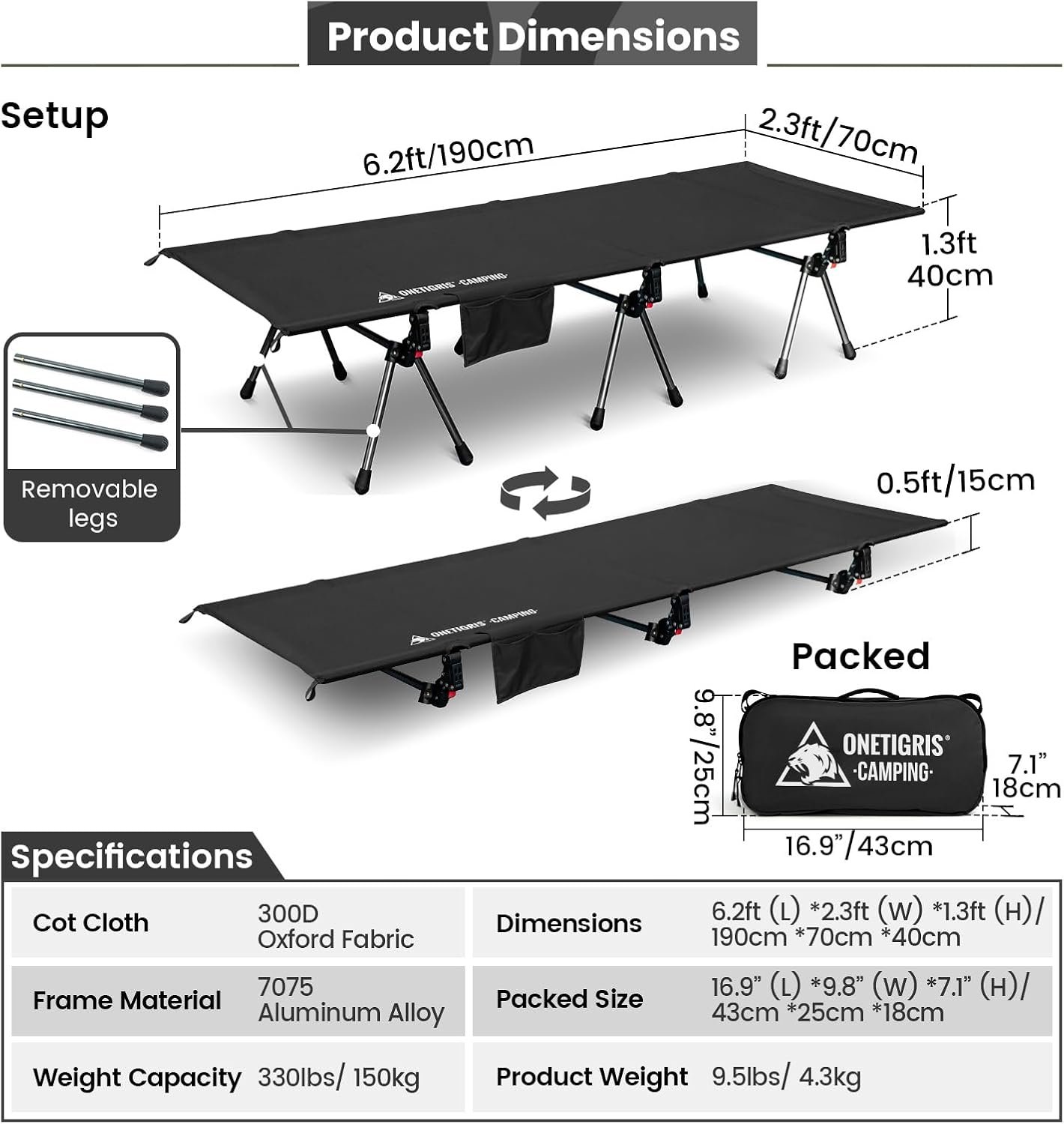 ONETIGRIS SUPRANUBIS - Catre de campamento, altura ajustable - Imagen 6