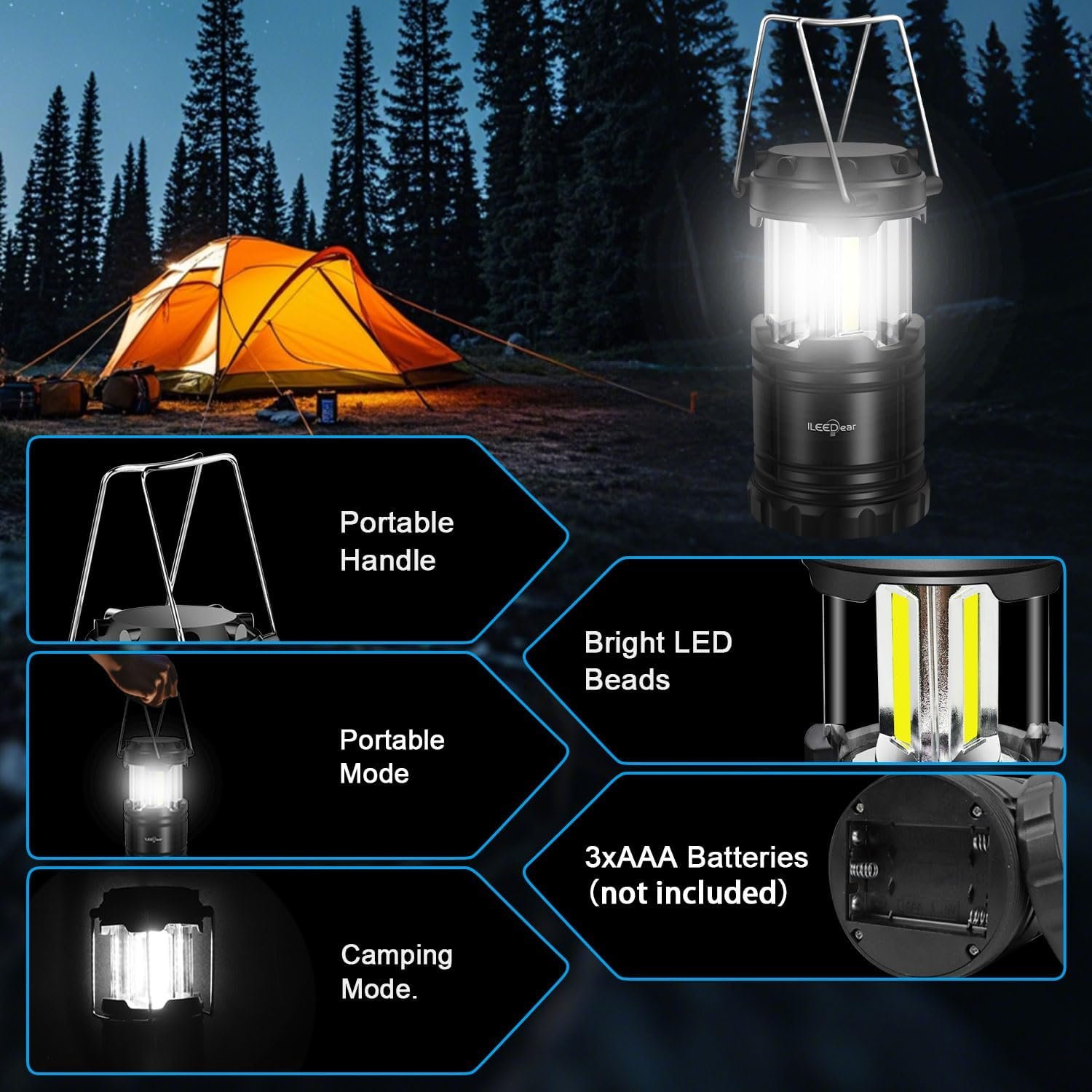 Linterna LED para campamento, luces a pilas, brillo ajustabl - Imagen 3