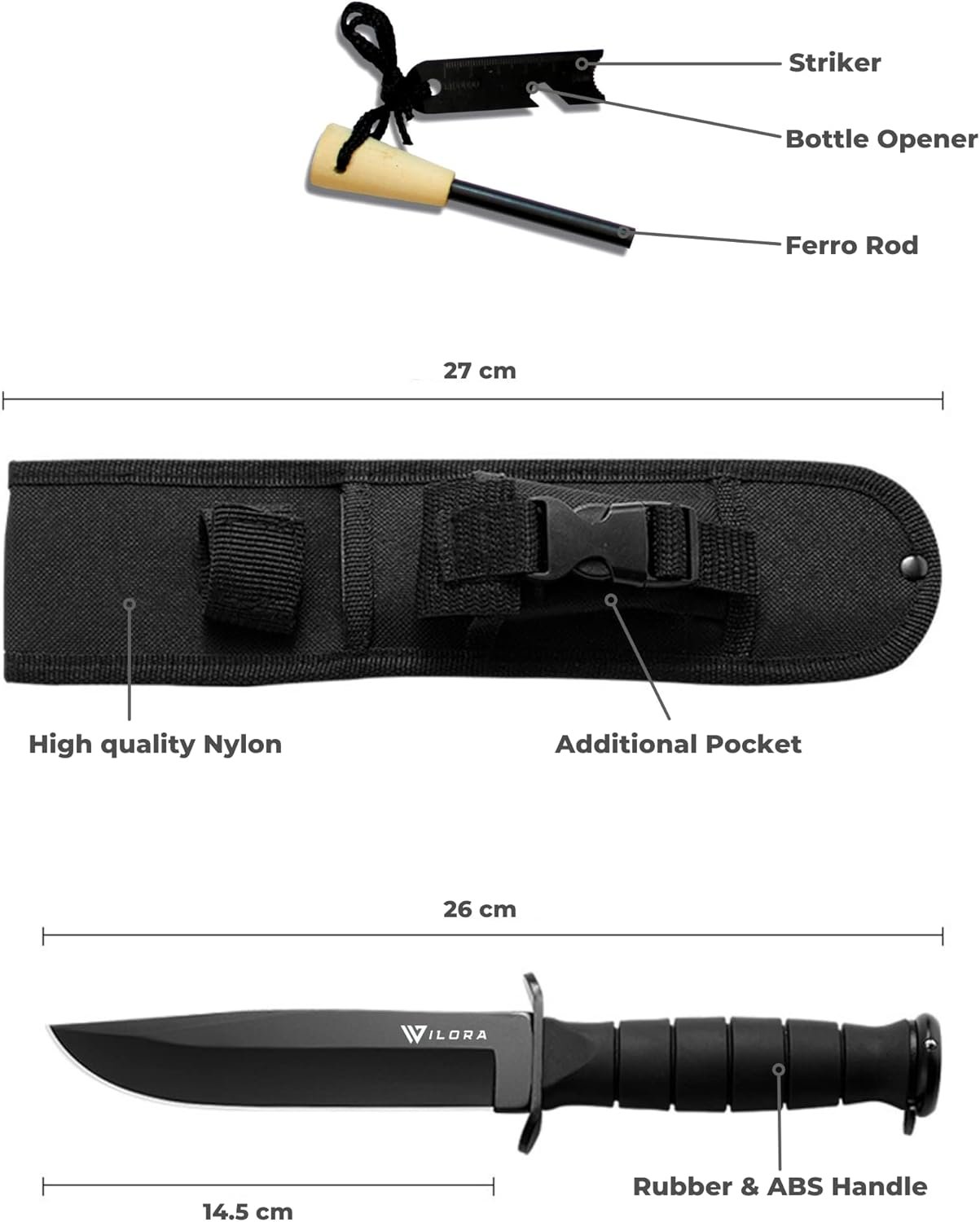Cuchillo Bowie con arrancador de fuego, hoja de acero 5Cr13 - Imagen 3
