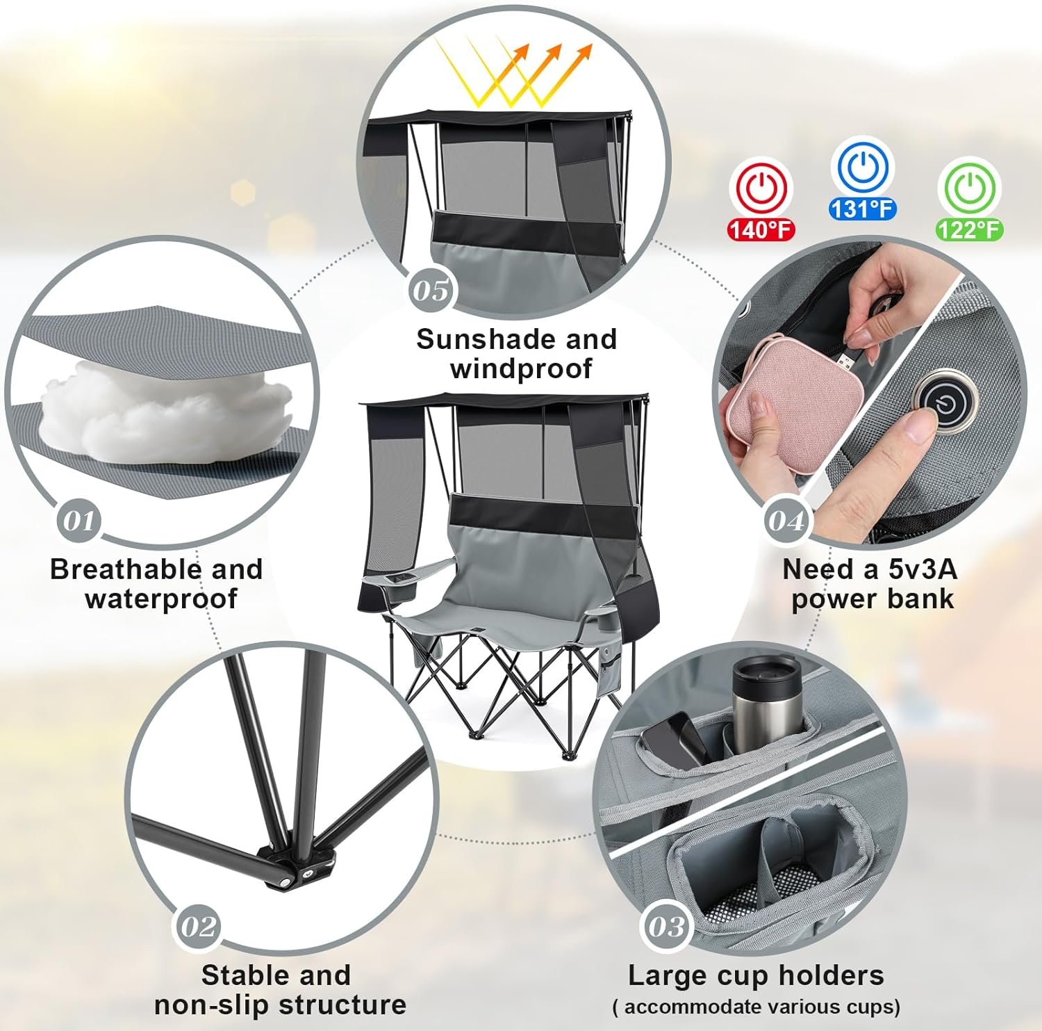 Silla de camping doble climatizada con toldo para 2 personas - Imagen 3