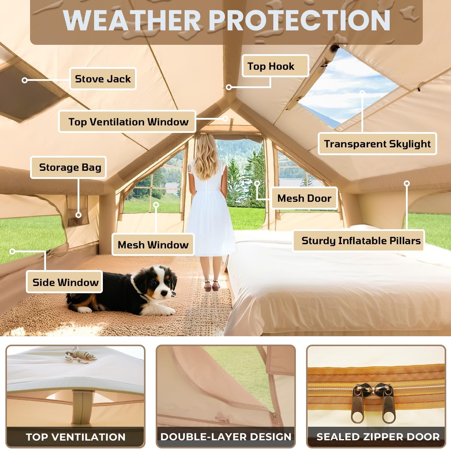 Tienda de campaña inflable con tragaluz y bomba, instalación - Imagen 6