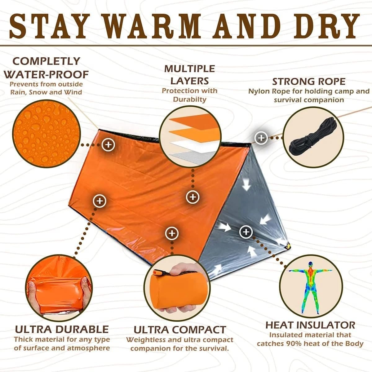 Tienda de campaña de emergencia para 2 personas naranja y gr - Imagen 2