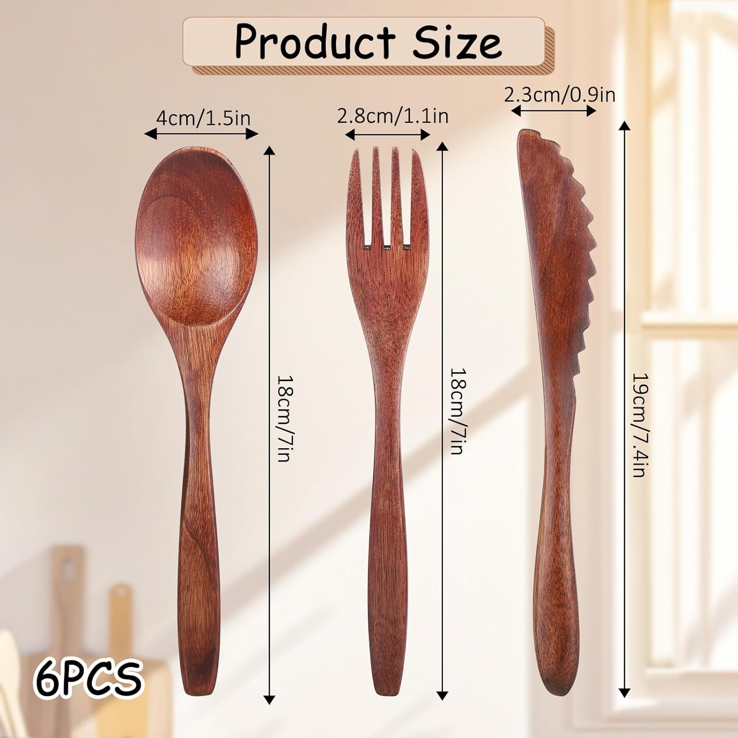 Juego de 6 utensilios de madera para comer, cuchara de mader - Imagen 2