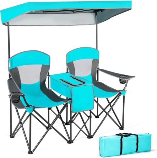 GYMAX Silla de campamento doble, silla de playa con toldo y