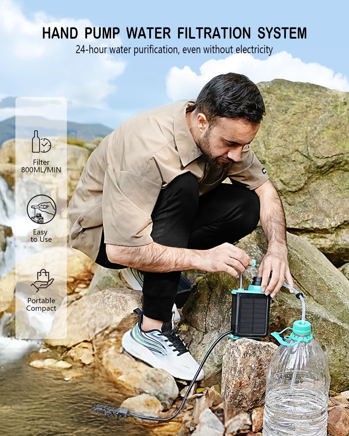 Filtro de agua eléctrico solar 3 en 1 con bomba de mano, sis - Imagen 5