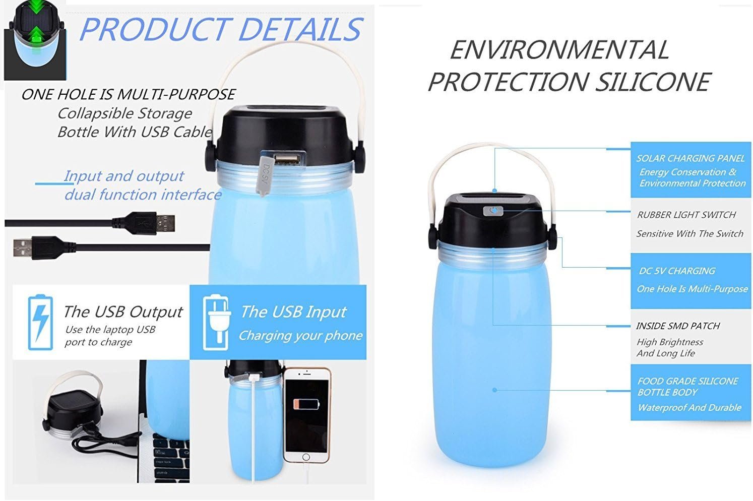 Botella de linterna solar, luces solares LED, plegable, de s - Imagen 2