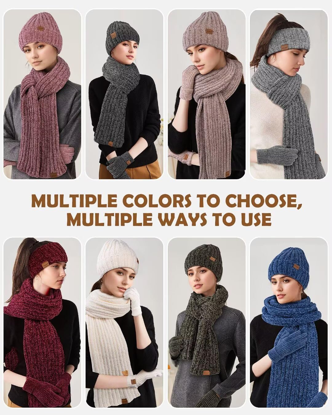 Women Beanie Scarf Gloves Headband Set, Chenille Winter Hats - Imagen 6