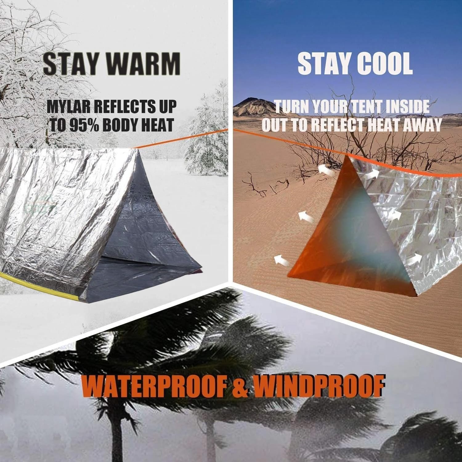 Tienda de campaña de emergencia para 2 personas naranja y gr - Imagen 5