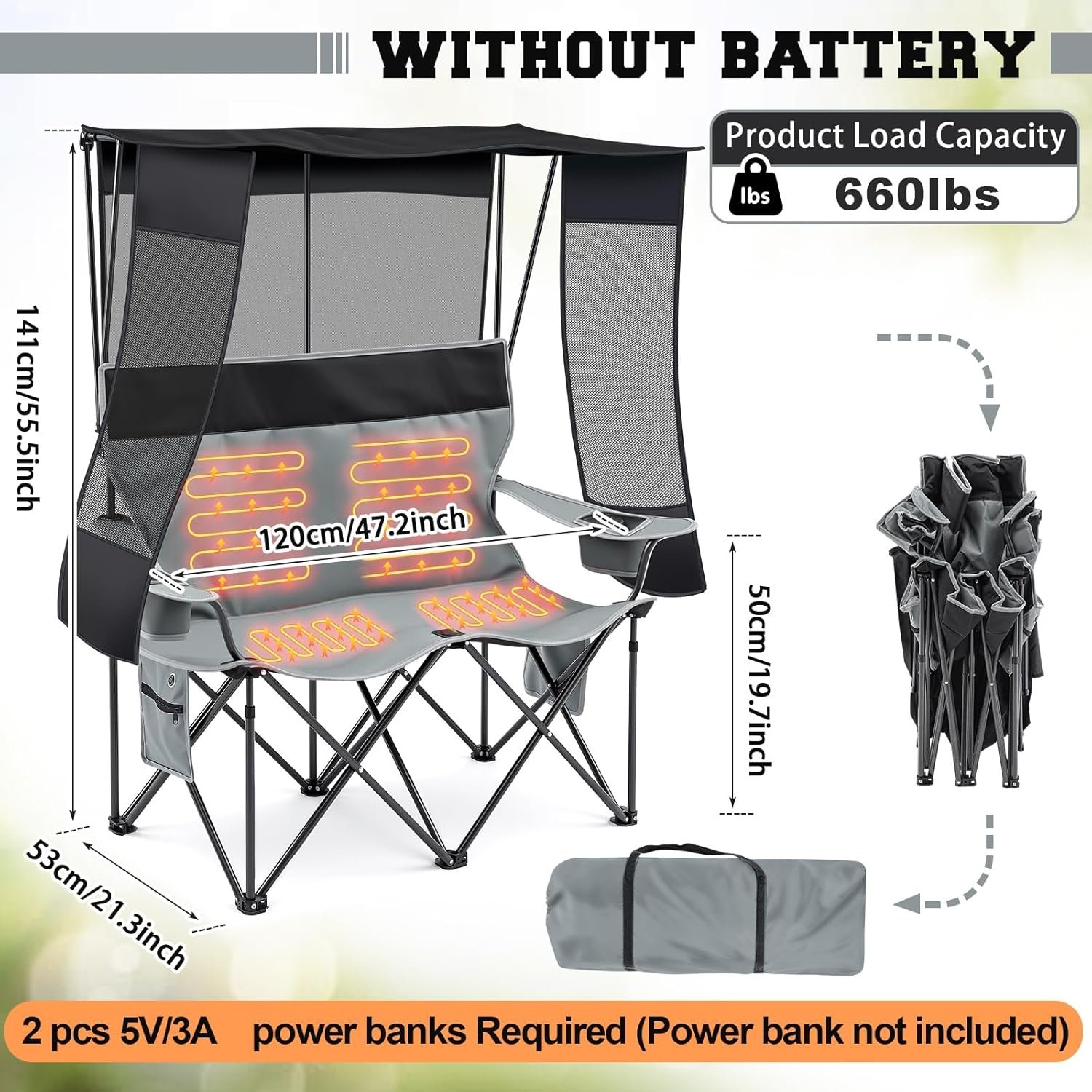 Silla de camping doble climatizada con toldo para 2 personas - Imagen 2