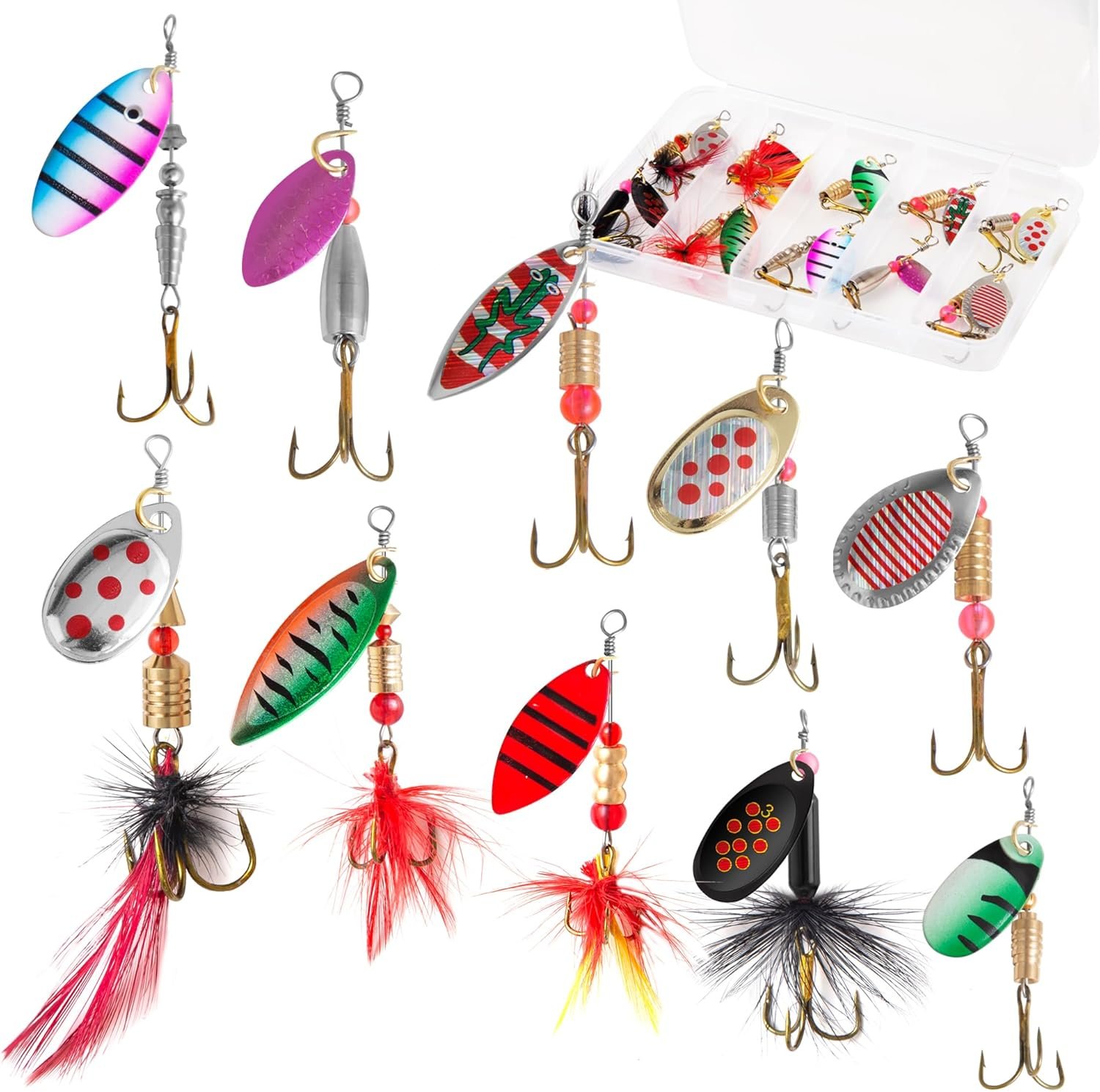 10 señuelos de pesca de cola de gallo con caja de aparejos,