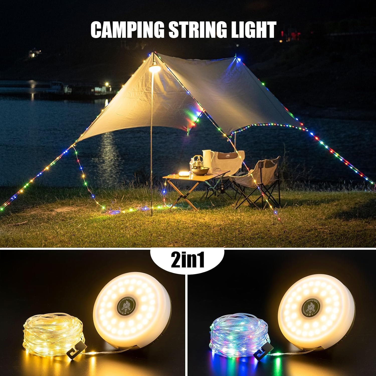 Guirnalda de luces de campamento, 4 en 1, linterna de campam - Imagen 2