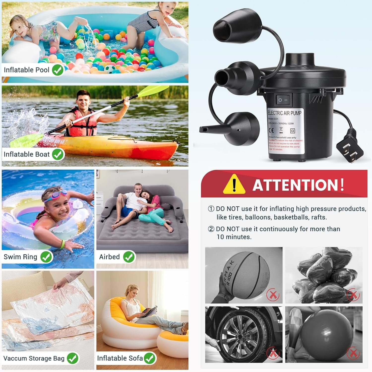 Bomba de aire eléctrica inflable para piscina, AC/110V 130w - Imagen 7