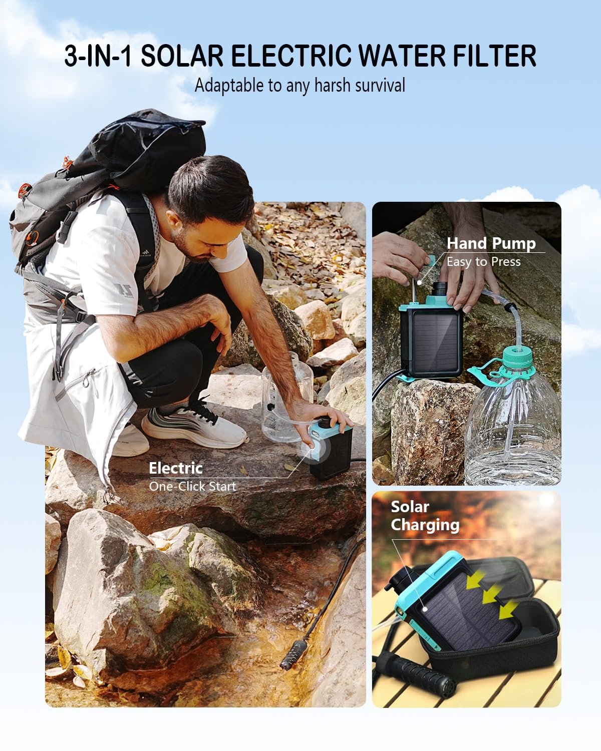 Filtro de agua eléctrico solar 3 en 1 con bomba de mano, sis - Imagen 2