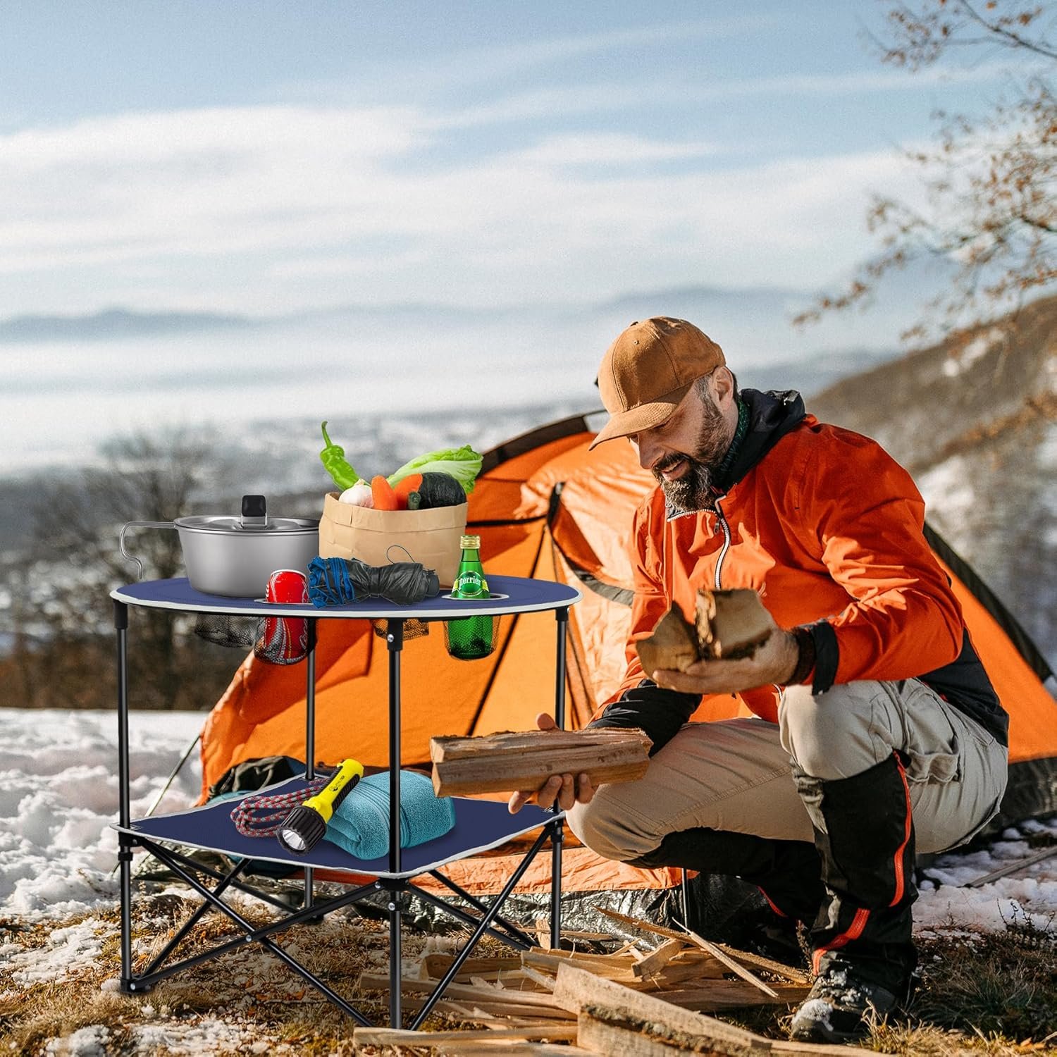 LESES Mesa de picnic portátil con estante, mesa de playa, me - Imagen 6
