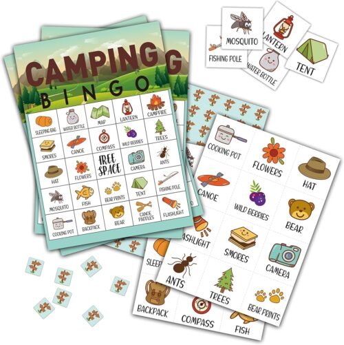 Juego de bingo de campamento, juegos de fiesta temática de b