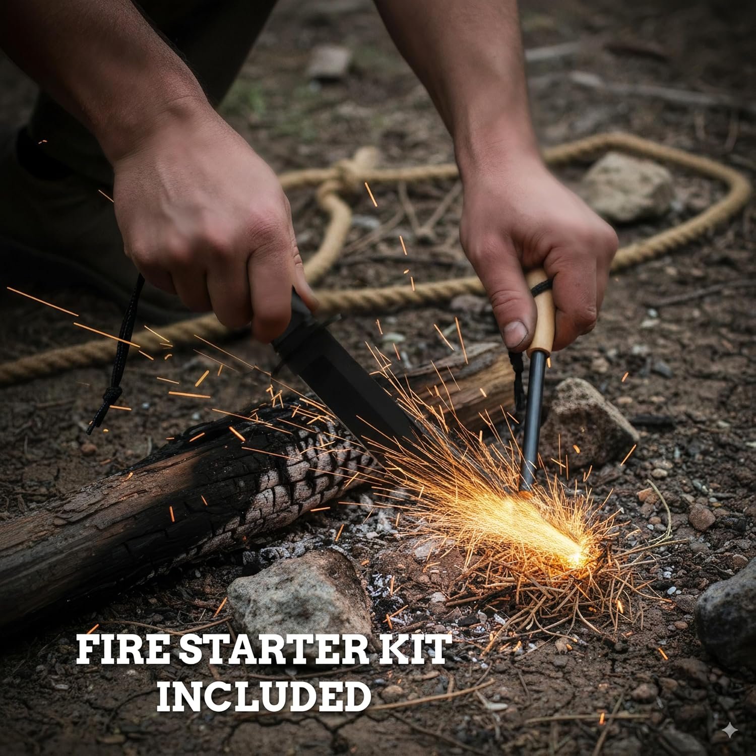 Cuchillo Bowie con arrancador de fuego, hoja de acero 5Cr13 - Imagen 4